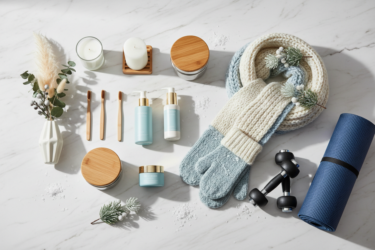 Genereer een foto voor de voorpagina die niet wazig is a.u.b. en die te maken heeft met alles wat je maar kunt verkopen zoals huisartikelen, sportartikelen, duurzaamheid, cosmetica, winter doe het mooi professioneel