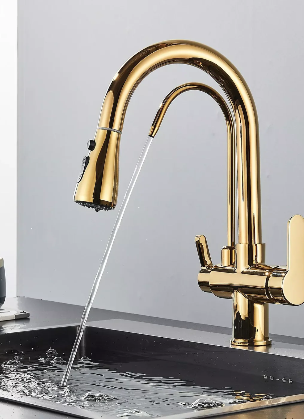 gold 3-Way Kitchen Faucet with Pull-Out Spray