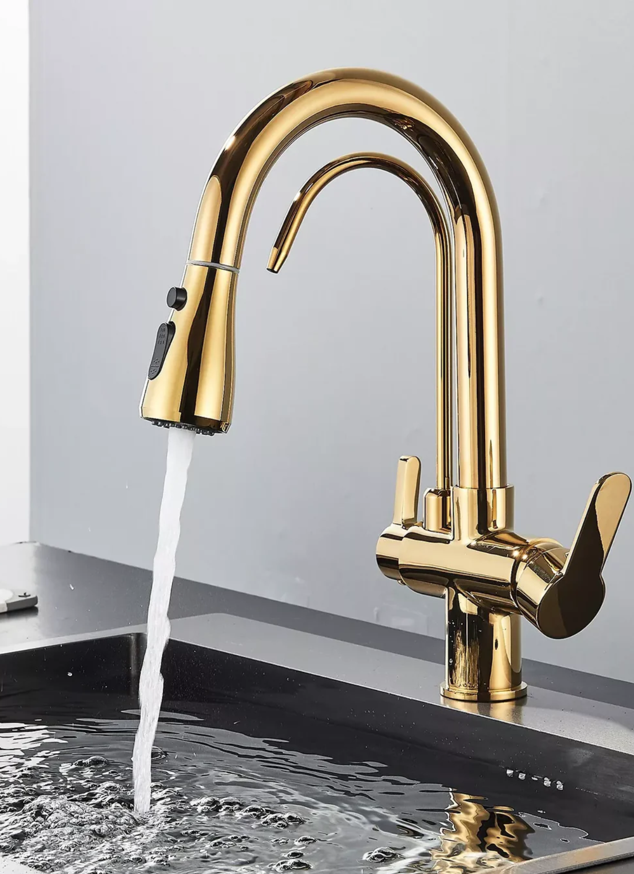 gold 3-Way Kitchen Faucet with Pull-Out Spray