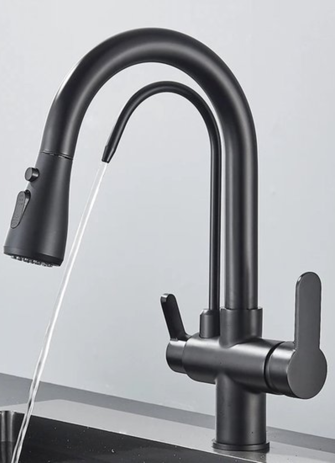 Black 3-Way Kitchen Faucet with Pull-Out Spray