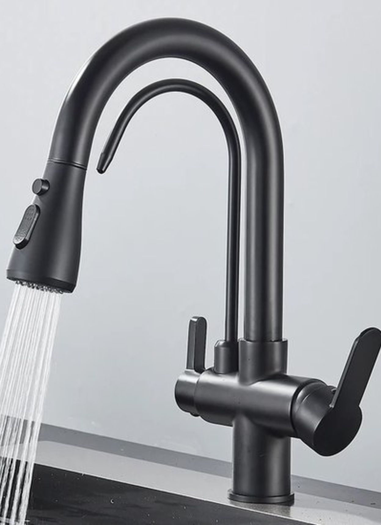 Black 3-Way Kitchen Faucet with Pull-Out Spray
