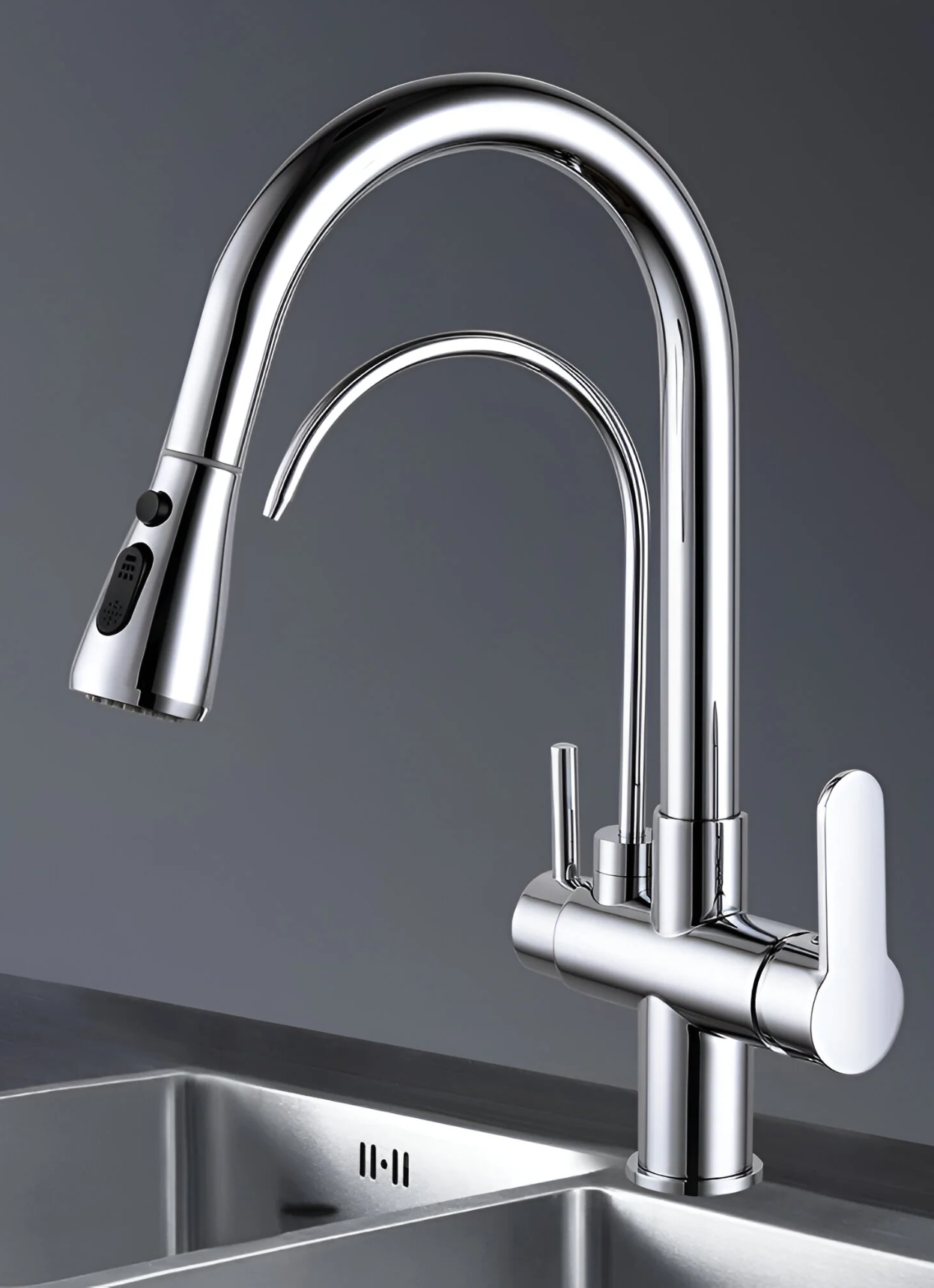 Silver 3-Way Kitchen Faucet with Pull-Out Spray