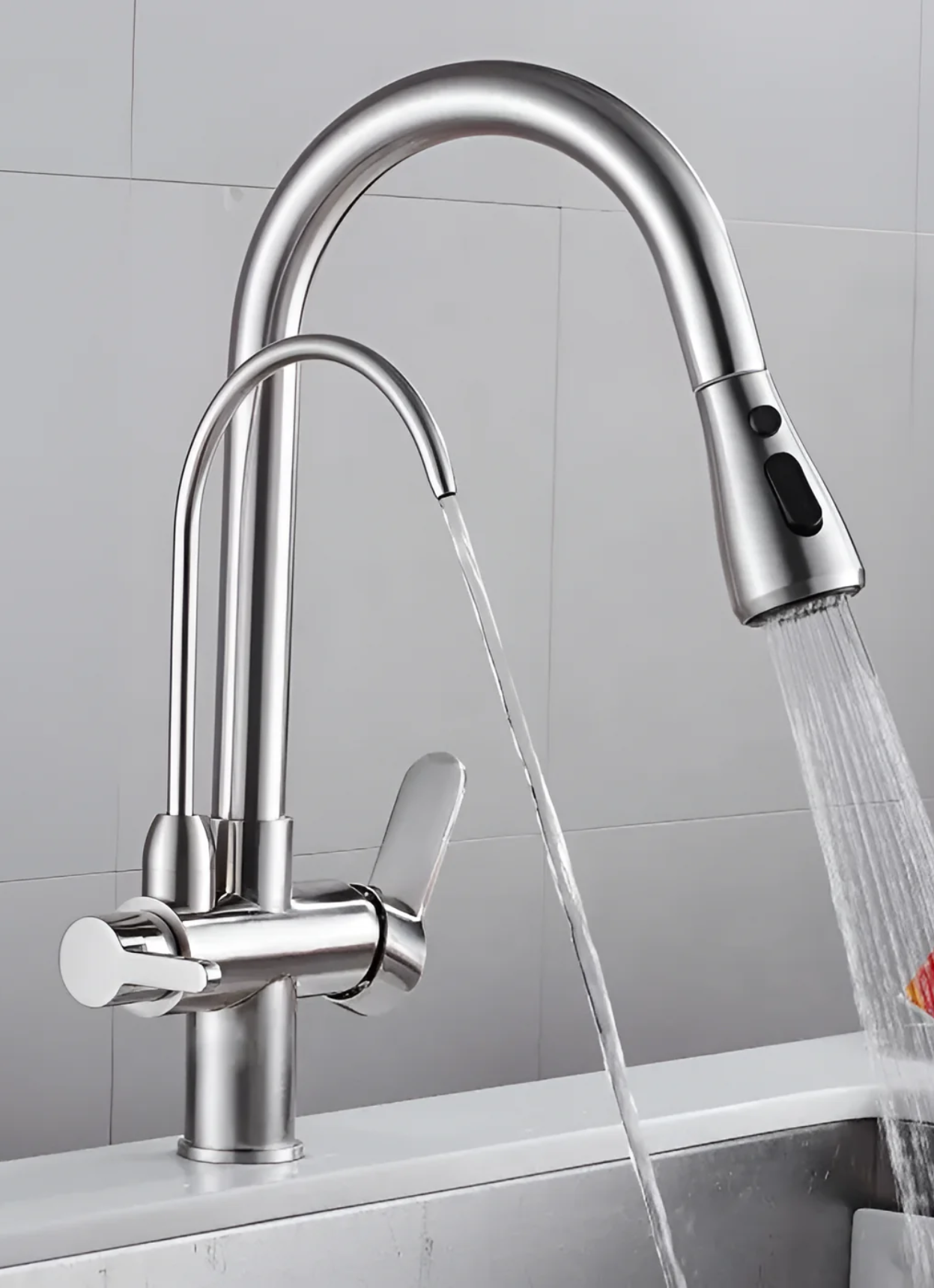 Silver 3-Way Kitchen Faucet with Pull-Out Spray