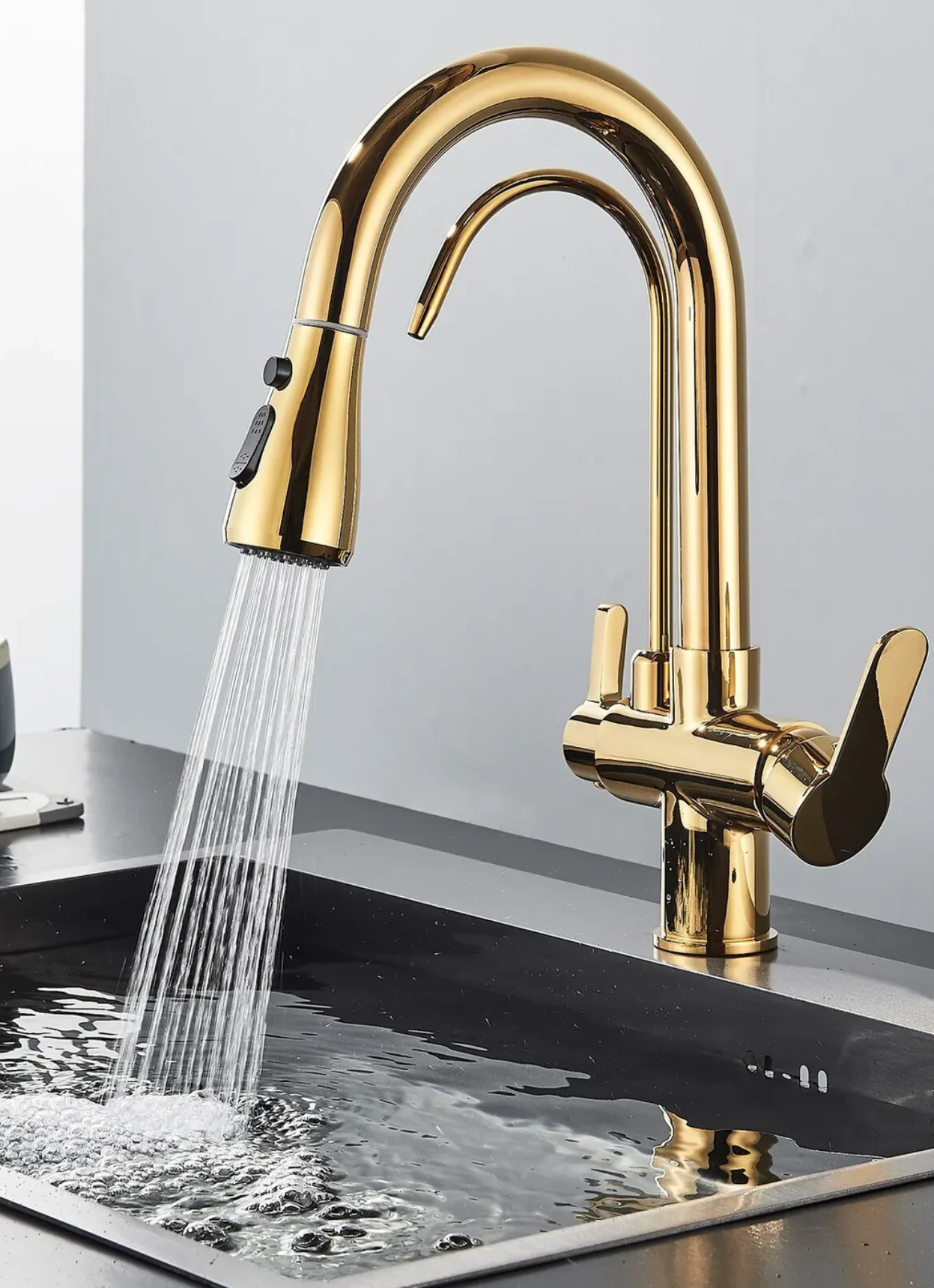 gold 3-Way Kitchen Faucet with Pull-Out Spray